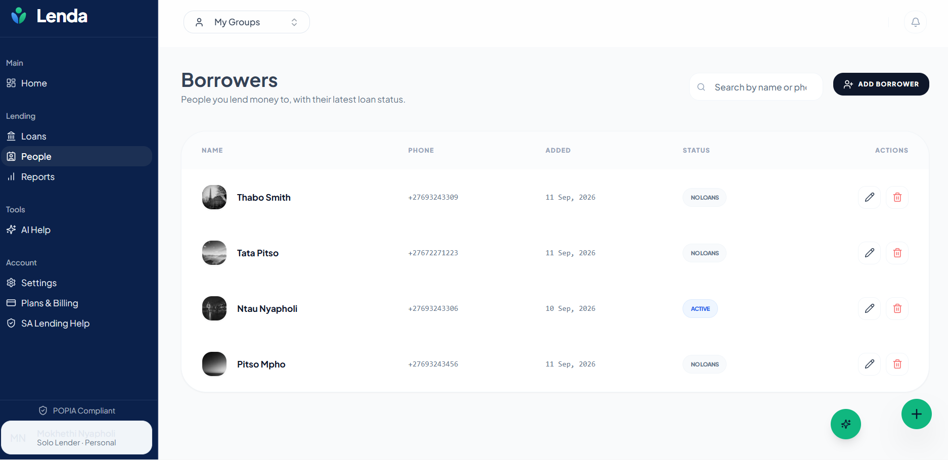 Lenda workspace showing borrowers, lending records and loan actions